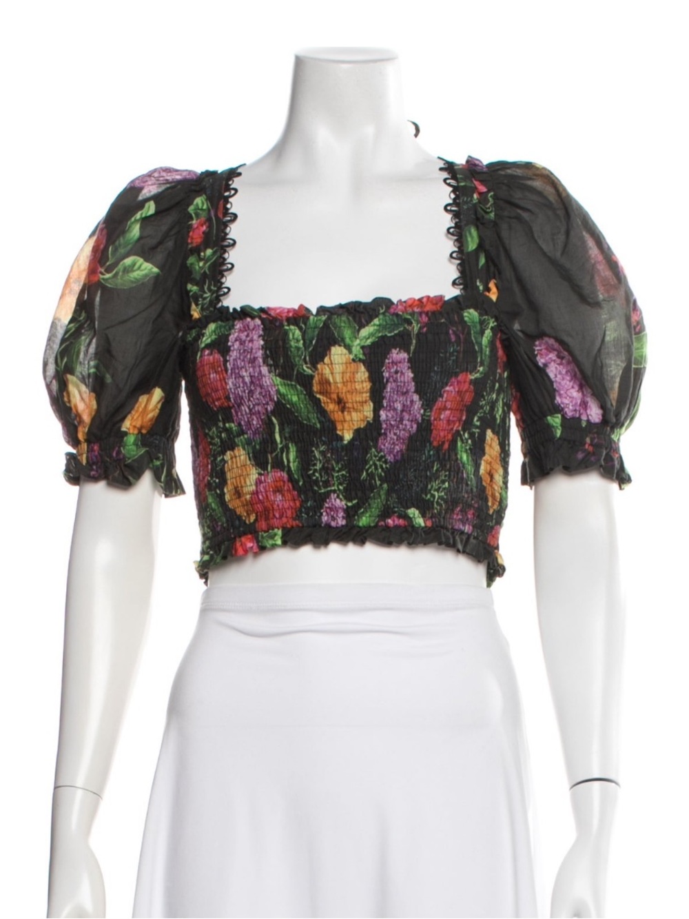 Charo Ruiz Black Floral Crop Top with Square Neckline